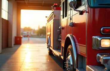 Close-up of red fire truck parked in fire station. Sunlight illuminates side of vehicle. Detailed shot of emergency services transport. Preparedness, rescue, and community safety concept.