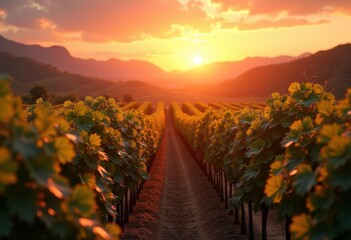 Naklejka premium vineyard sunset ripe grape clusters luscious landscape warm colors nature, grove, grapevine, fruit, wine, field, harvest, sky, clouds, scenery, agriculture