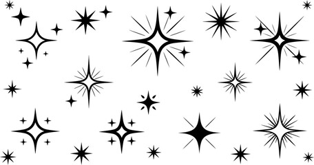 A collection of various black star shapes and starbursts isolated on a white background design