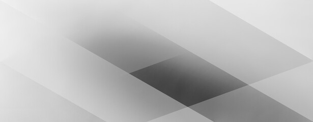 Monochrome geometric background with translucent intersecting shapes and a soft textured surface. The composition builds depth through gradients from dark to light grey. Wide panoramic banner
