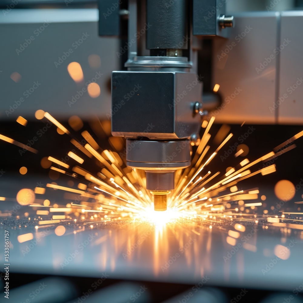 Poster laser engraving machine cuts metal sheet with sparks flying. automated technology creates precise de