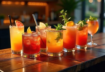 Fototapeta premium colorful cocktail arrangements textured wood table vibrant drink presentation garnish glassware mixology, beverage, liquid, refreshment, spirits, fruit, ice