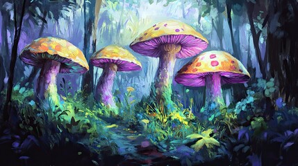 Fototapeta premium Colorful mushrooms in a mystical forest