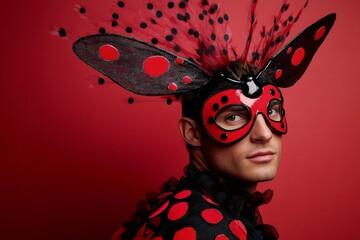 Male model wearing an extravagant ladybug carnival costume with black and red wings and mask posing on a red background