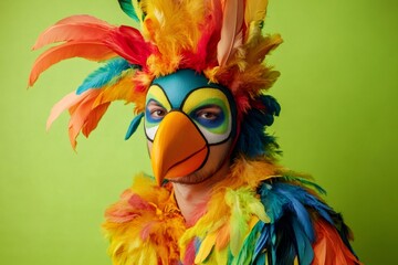 Male actor wearing a vibrant and elaborate toucan costume stands against a vivid green backdrop