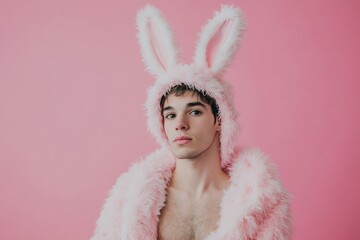 Portrait of a young Caucasian man wearing a pink bunny costume and posing on a pink background