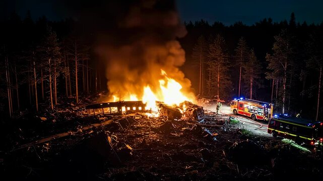 Catastrophic train accident with a massive fire and dense smoke in a dark forest at night with firefighters footage.