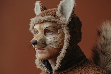Actor with realistic squirrel mask and furry costume looking away from camera against a brown background