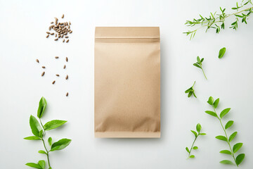 Kraft Paper Pouch Mockup Featuring an Assortment of Seeds and Fresh Greenery Artfully Arranged on a Table