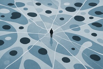 Solitary Figure Amid Abstract Network Patterns