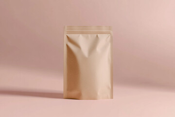 Kraft Paper Pouch Mockup with Zipper and Label Ideal for Branding Presentations on Soft Pink Background