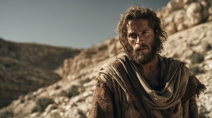 A rugged ascetic figure John the Baptist stands at the banks of the Jordan River powerful and solemn biblical presence.