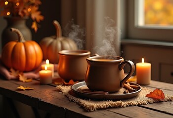 warm spiced cider rustic setting cozy drinks autumn textures traditional vibes warmth comfort, wood, table, container, mug, clove, cinnamon, peppercorn