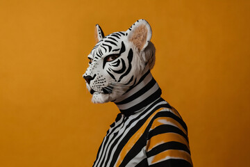 Profile of a man wearing a realistic white tiger mask and a striped shirt on an orange background, creating a vibrant and surreal image