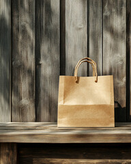 Elegant Kraft Paper Shopping Bag Mockup on Rustic Wooden Display Bathed in Soft Natural Light for Branding