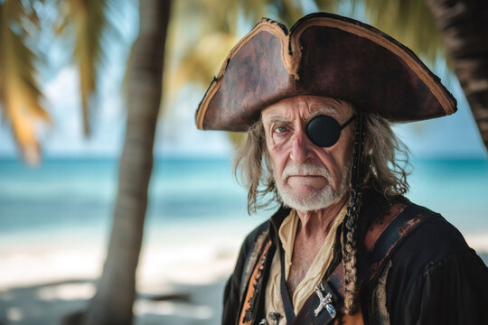 Senior man wearing pirate costume posing on a tropical beach with palm trees and turquoise sea in the background