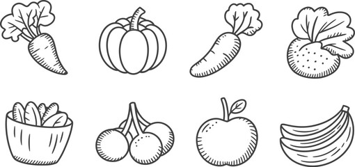 A collection of outlined fruit and vegetable drawings including carrots and bananas and cherries