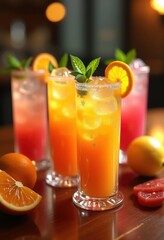 Fototapeta premium vibrant citrus infused cocktail refreshments colorful fruit garnishes vibrant drinks party appetizer bright flavorful beverage mixology, lemon, orange