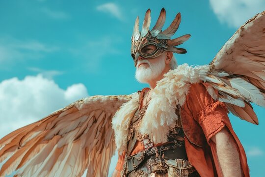 Majestic senior man with white beard and feather wings looking like an angel posing under a beautiful blue sky