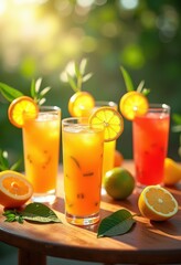 Fototapeta premium vibrant citrus juices colorful glassware refreshing drink summertime gathering zesty presentation bright citrus medley, beverage, refreshment, flavor, orange