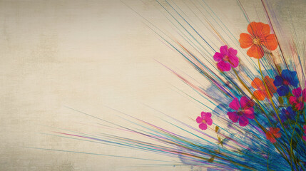 Vibrant floral sketch featuring colorful flowers in shades of orange, pink, and purple, with abstract linear accents on vintage pastel background. design exudes cheerful and artistic vibe