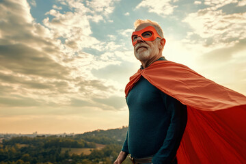 Confident senior man wearing superhero costume is standing on a hill and looking over the valley at sunset