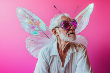 Eccentric senior man with white shirt, butterfly wings and funny glasses posing on a pink background