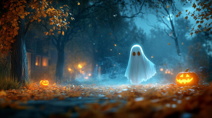 A Photorealistic Halloween Ghost Glowing Softly While Hovering in a Foggy Night Yard Under Moonlight