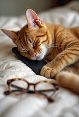 Cozy Cat Sleeping on Phone with Glasses Nearby in a Relaxed Bedroom Setting