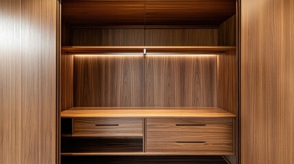 Modern Wood Closet Interior with Open Shelves and Warm Lighting for Home Organization and Storage Solutions