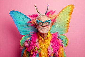 Playful senior man wearing colorful butterfly costume and funny glasses posing on pink background