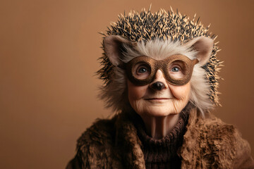 Studio portrait of an elderly woman wearing a funny hedgehog costume and looking up on a brown background