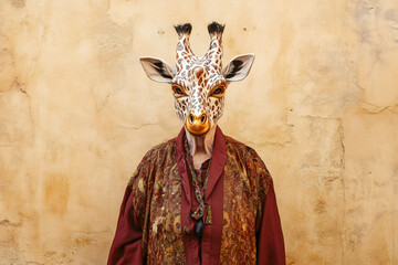 Senior woman wearing an elegant giraffe mask and a stylish patterned jacket, striking a pose against a soft beige wall