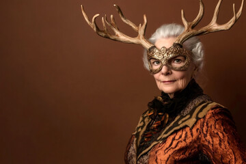 Elegant mature woman wearing a golden mask and horns posing on a brown background, embodying mystery and sophistication
