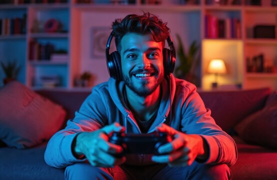 Young man enjoying video games on. Player sits indoors on sofa with headphones holding gamepad. Smiling with excitement, enjoying weekend. Gaming, fun, relaxation, and leisure.