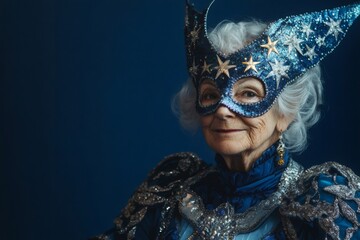 Portrait of a smiling senior woman wearing an elaborate blue celestial masquerade mask and costume, against a dark blue background