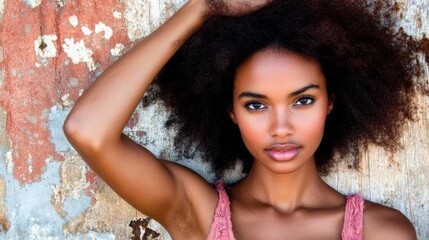 Naklejka premium A woman with curly hair is posing for a picture. She is wearing a pink tank top and has her arm raised. The image has a casual and relaxed vibe, with the woman looking confident