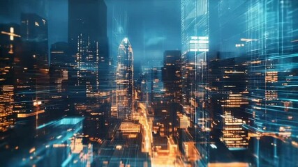 Urban skyline illuminated at night with vibrant lights and futuristic overlays showcasing a digital cityscape - Powered by Adobe