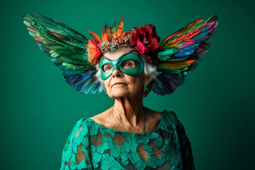 Studio portrait of an elegant mature woman wearing colorful hummingbird wings and green mask, embodying fantasy and celebrating age with vibrant style