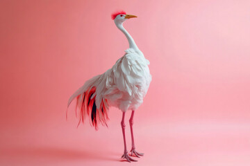 Studio shot featuring a white crane adorned with pink accents, gracefully standing against a seamless pink backdrop, exuding elegance and beauty