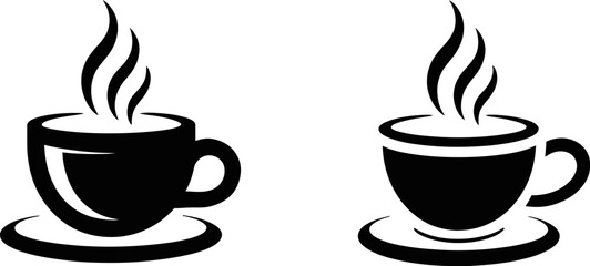 Two black coffee cups with steam on saucers in a simple minimalist graphic design illustration