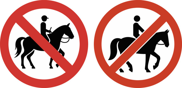 No Horse Riding Allowed Sign – Red Prohibition Symbol with Black Horse and Rider Icon

