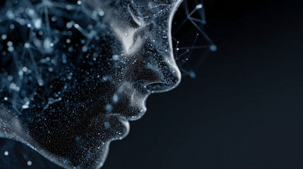 Abstract digital face composed of data particles and connections. An image of an artificial intelligence face composed of glowing data points, particles and network lines