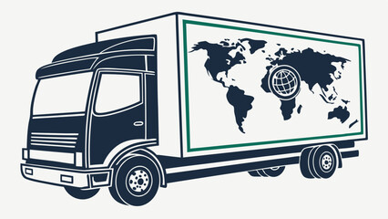 Stylized Delivery Truck with World Map and Globe Graphic