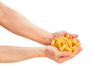 pasta rigatoni in hand path isolated on white