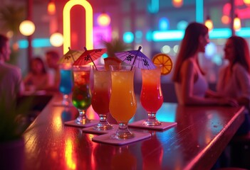 colorful neon cocktails vibrant drinks wooden bar top lively nightlife party atmosphere refreshing beverages, glass, liquid, alcohol, refreshment, bright