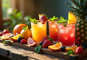 vibrant cocktail garnishes featuring colorful fruits herbs rustic wooden surface, herbal, decoration, orange, lemon, mint, raspberry, blueberry, flower