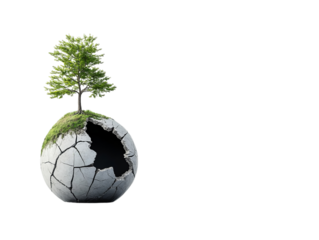 A vibrant green tree grows from a cracked globe, symbolizing hope and renewal amid environmental challenges.