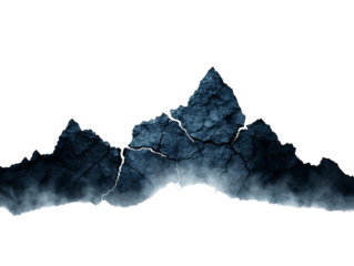 Majestic jagged mountains with cracked textures, rising dramatically from misty fog, evoking a sense of mystery and adventure.