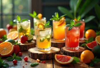 vibrant cocktail garnishes lively textured table colorful decorative ingredients fresh herbs fruit zest sprigs, orange, berry, zucchini, leaf, thyme, lime